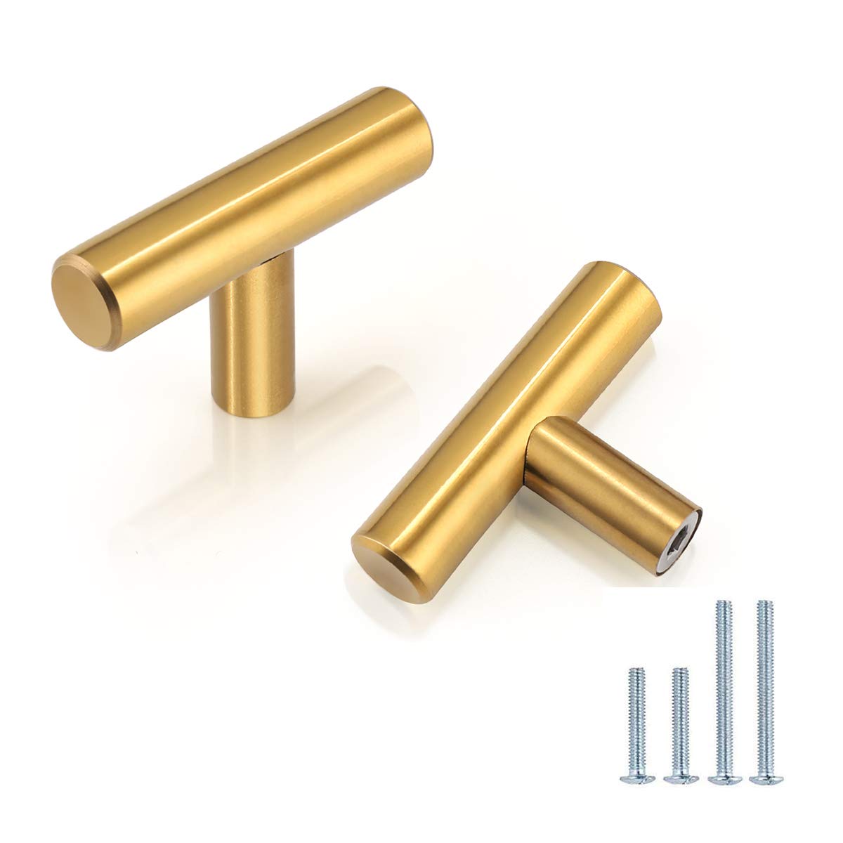 Goldentimehardware Gold Brass Stainless Steel T Bar Door Handles Kitchen Cabinet Drawer Pulls Knobs 12packs Singel Hole CB-Brass-1123-T-12Pack