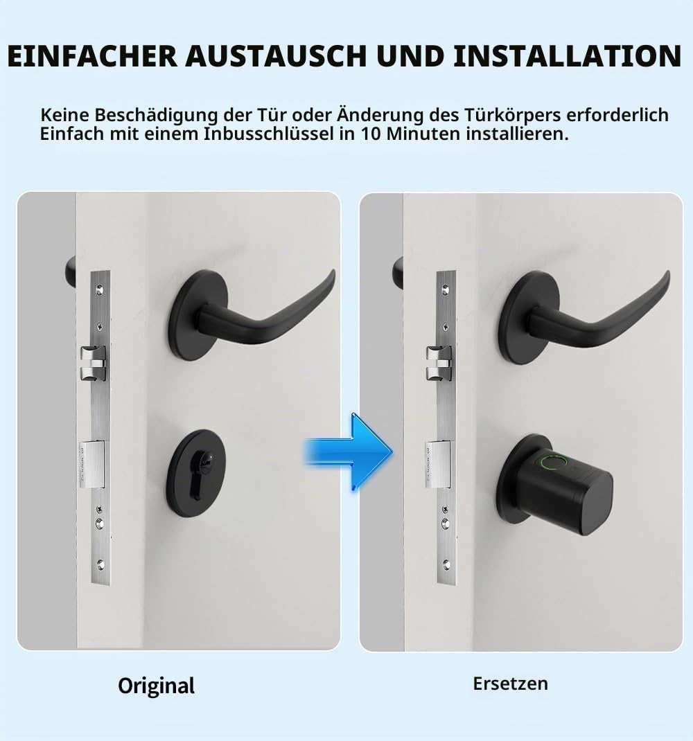 Türschloss Fingerabdruck,Elektronisches Türschloss Haustür Code,Smart Lock SchließZylinder 60mm,Fingerabdruck Schloss Mit Bluetooth und App,mit 2 Schlüssel,4 IC-Karte,für Türen von 60-90 mm(Schwarz)