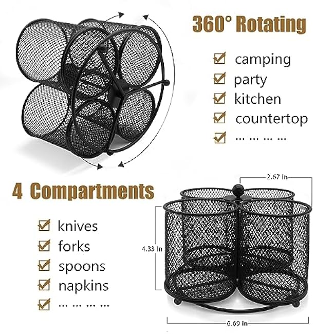 Silverware Holder Utensil Caddy - 360¡ã Rotating Silverware Caddy 4 Compartment Metal Cutlery Organizer Fork Spoon Napkin Plastic Flatware Storage Basket Party Countertop Picnic Outdoor Black