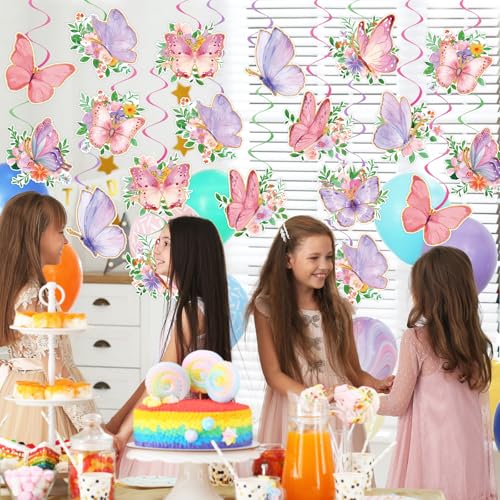 Image of 48Pcs Spring Butterfly Hanging Swirl Decorations, Watercolor Butterfly Ceiling Hanging Swirls Spring Party Hanging Swirls Streamers for Birthday Wedding Garden Tea Party Decor Supplies