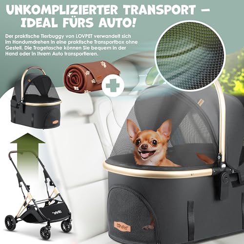 LOVPET® Hundewagen 3in1 Hundebuggy bis 20kg Hundebox Transporttasche faltbar klappbar Große Räder Netzfenstern Regenschutzabdeckung Getränkehalter Kuscheldecke Katzenbuggy Jogger Buggy für Haustiere