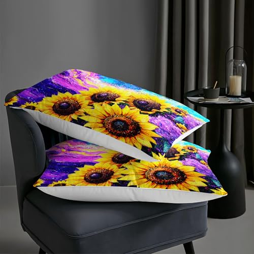 Image of AILONEN Oil Sunflower Printed Queen Size Comforter Set for Kids Teens Girls Women,Yellow Floral Purple Bedding Set for All Season Use,1 Quilt and 2 Pillowcase