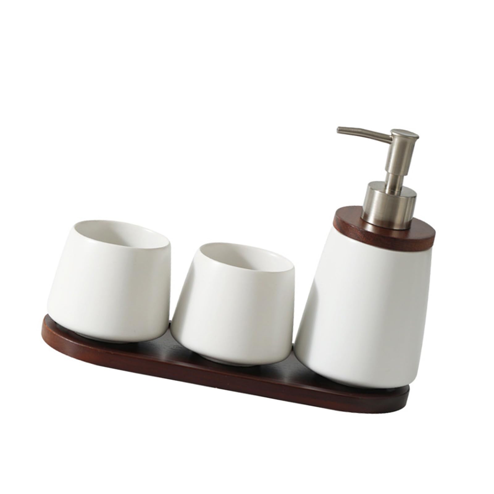 Carotoe White Aesthetic Toothbrush Cup And Soap Dispenser Set With Wood Tray Great For Small Bathoom Countertop Organization Ceramic Mouthwash Cup Soap Dispenser Set
