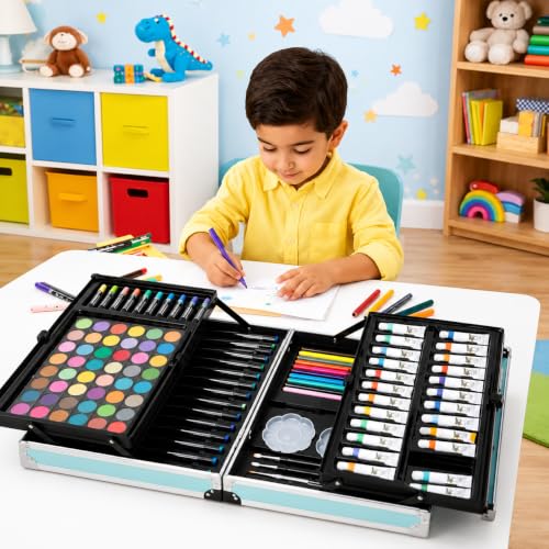 Image of Parssufy 145-Piece Art Set for Kids with Unicorn Storage Case | Drawing & Painting Kit with Oil Pastels, Watercolors, Sketch Pens, Color Pencils | Art & Craft Supplies (145-Astronaut in Space (Blue))