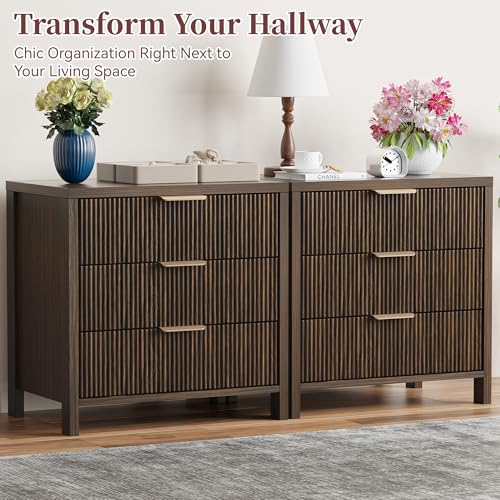 Image of Fluted Nightstands Set of 2, 23.7'' Wide Night Stand with 3 Drawers, Mid-Century Modern Bedside Table with Handles, Wood End Table for Bedroom, Brown