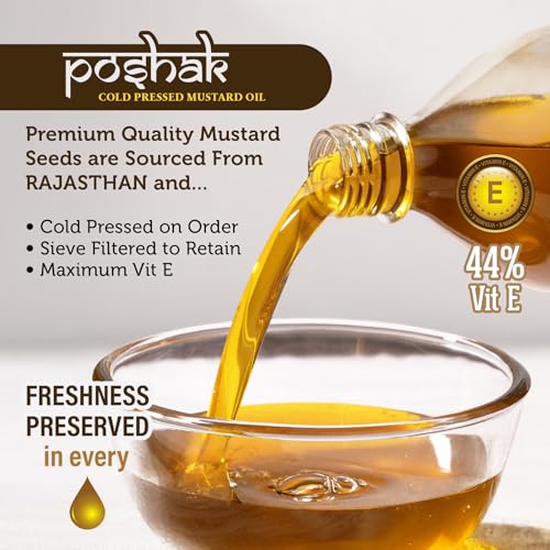 Image of Poshak Cold Pressed Mustard Oil 1L | Wood Pressed | Kachi Ghani /Kolhu /Chekku | Unrefined & Chemical-Free | Pure & Natural Healthy Mustard Cooking Oil | Ideal for All Types of Cooking (Black Mustard)