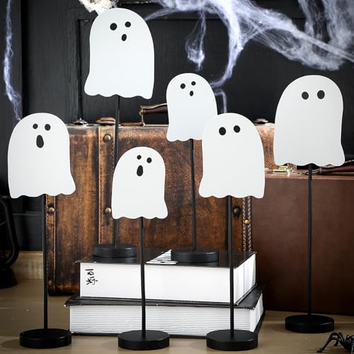 Image of Briwooody 6 Pcs Halloween Table Decorations Cute Ghost Wooden Signs Halloween Tiered Tray Decor White Ghost Spooky Table Centerpiece Tall Block Sign for Party Home Mantel Shelf Room Decor