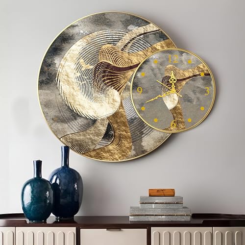 Image of PAINTINGMANTRA Golden Wave Abstract Round Wall Painting with Clock for Living Room Decoration, Clock with Painting Circular Gold Metal Finish Stylish Large Wall Art (28x22 Inch)