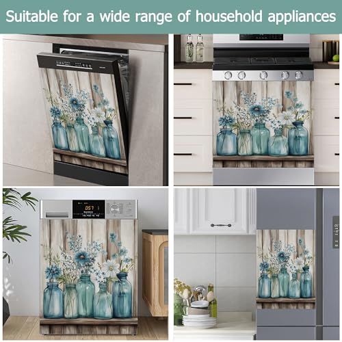 Image of Blue Mason Jars Flowers Dishwasher Magnets Decorative Cover,Rustic Wooden Boards Waterproof Magnetic Dishwasher Cover Panel,Refrigerator Magnet Cover for Kitchen Home Decor 23x26 Inch