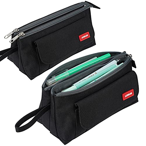 Pencil Case with TWO Large Compartments Pocket Big Capacity Pencil Pouch Holder Pen Case Makeup Bag School Supplies Office Stationery Storage Gift for High School Students Girl Boy Adult Teen (Black)