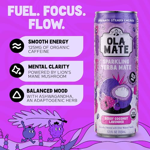 Image of Yerba Mate Energy Drink - Low Sugar Sparkling Tea Cans with Ashwagandha, Lion's Mane, USDA Organic Clean Energy Drink with 125mg Natural Caffeine, Ola Mate Berry Coconut