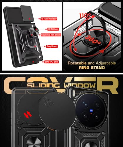 Image of WOW IMAGINE Tough Armor Bumper Mobile Back Case for Vivo X300 Pro 5G | Sliding Camera Cover | Shock Proof 360 Protection | Hybrid PC + TPU | Ring Holder with Kickstand - Black