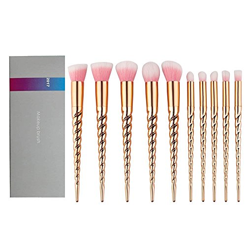 Unicorn Makeup Brushes Set, 10Pcs Foundation Brush Eyeshadow Brushes Powder Concealer Contour Face Lips Eyes Brushes Set Gradient Color Spiral Handle … (10pcs)