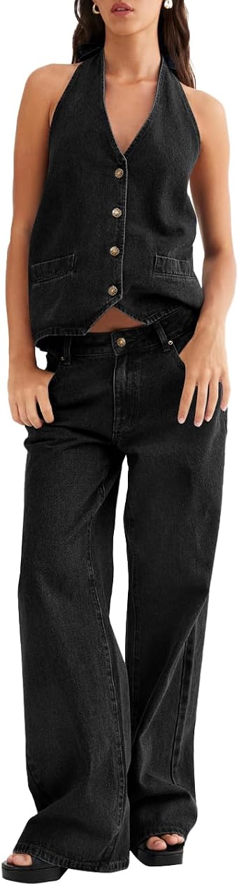 Fisoew Womens Two Piece Denim Set Button Down Backless Tank Top and Wide Leg Jeans 2 Piece Outfit Suit