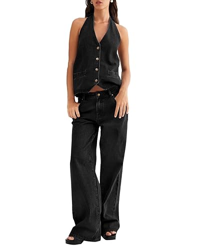 Fisoew Women's Two Piece Denim Set Button Down Backless Tank