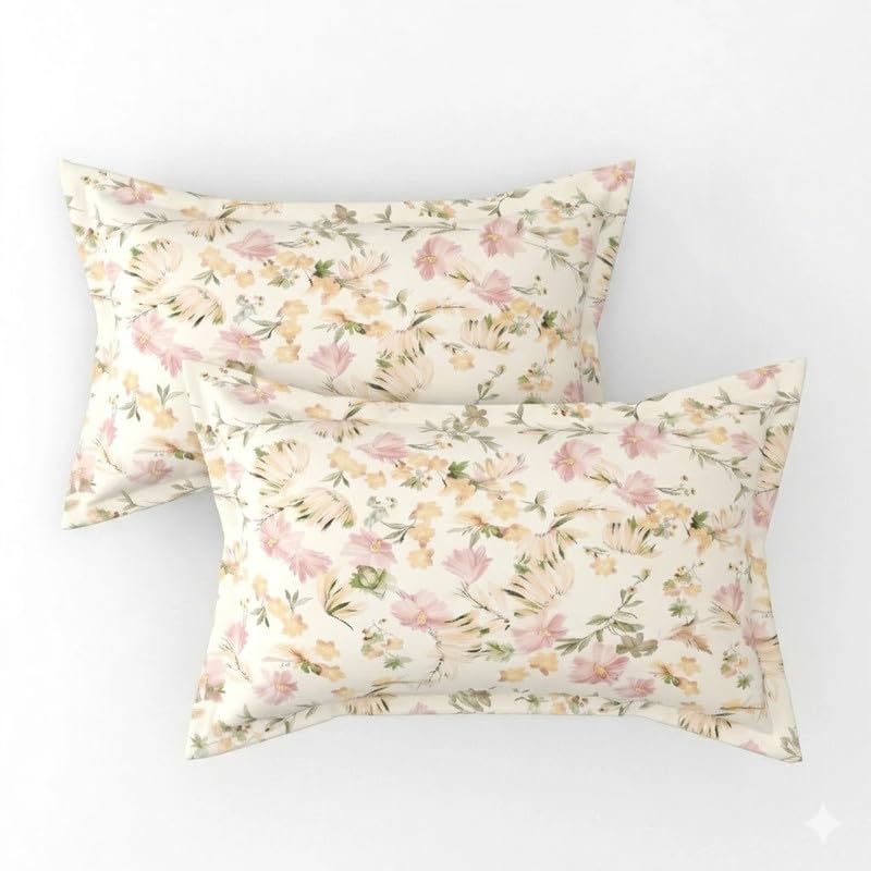 Image of Cotton Bolls Textiles Glace Cotton Fitted Bedsheet 72x72x6 Inch with 2 Pillow Covers - Soft Breathable Fabric, Elastic All Around, Printed Bedding for Double Bed
