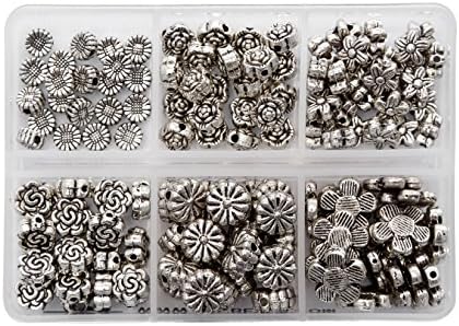 BRCbeads Assorted Flower Tibetan Silver Flower Metal Spacer Beads Mix Lot 120pcs per Box for Jewelry Making Findings