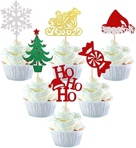 24 Pack Merry Christmas Cupcake Toppers Glitter Candy Sleigh Christmas Hat Tree HOHOHO Cupcake Picks Merry Christmas Theme Happy New Year Holiday Party Cake Decorations Supplies