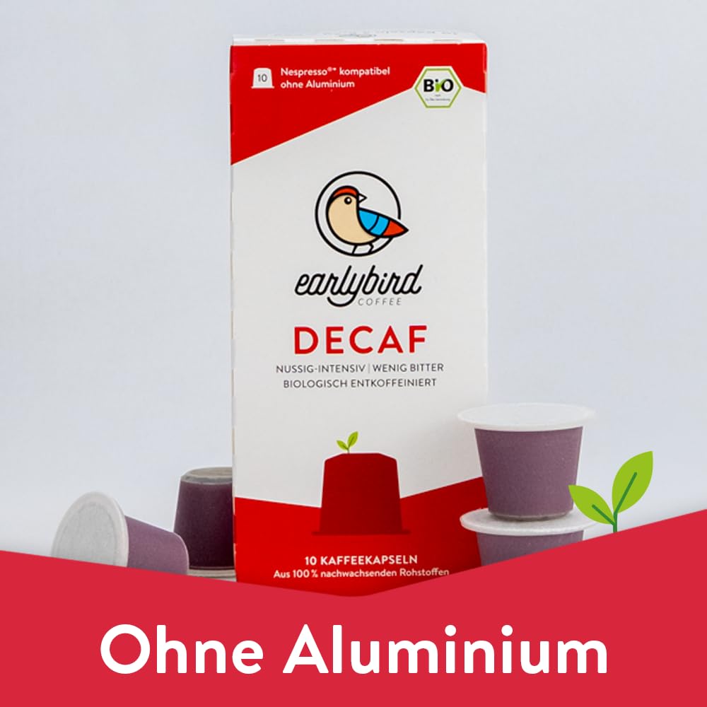 earlybird coffee – Bio Decaf Kaffeekapseln 100 Stück Vorratspack – kompatibel mit Nespresso, nussig-intensiv, heimkompostierbar – aluminiumfreie Bio Kapseln – schonend entkoffeiniert im H₂O-Verfahren