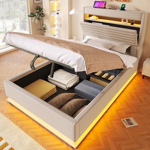 Ktipm Cama 90x200 cm Camas Juveniles con Carga USB y LED, Cama Tapizada Individual con Cabecero de Almacenamiento y Almacenaje Hidráulico, Camas Individuales Infantiles, Lino, Sin Colchón, Beige