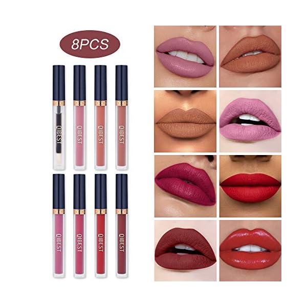 QiBest 8pcs Matte Liquid Lipstick with Lip Plumper Makeup Set Velvety Long Lasting High Pigmented Nude Waterproof Lip Gloss Kit Girls Women Make Up Gift Set