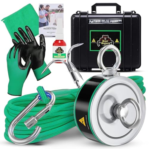 2000LB’s Complete Magnet Fishing Kit | Double Sided Fishing Magnet Kit with Case | Includes Strong Neodymium N52 Magnets, Durable 65ft Rope, Carabiner, Gloves, Grappling Hook & Carry Case