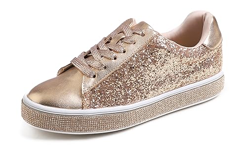 Feversole Women's Fashion Sparkle Platform Rhinestone Party Holiday Wedding Sneakers Rose Gold Glitter UK 5