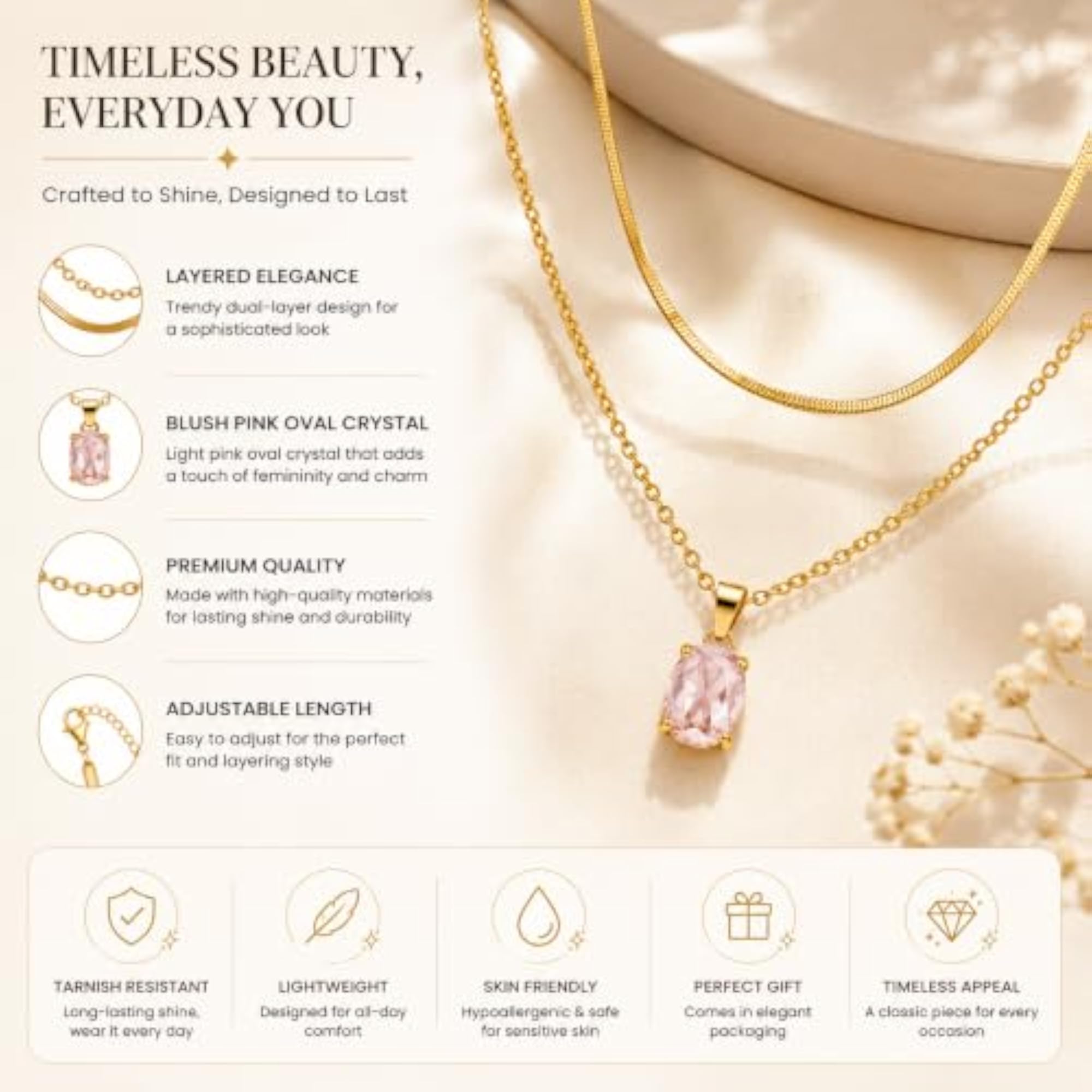 Gold-Tone Layered Necklace with Blush Pink Oval Crystal Pendant