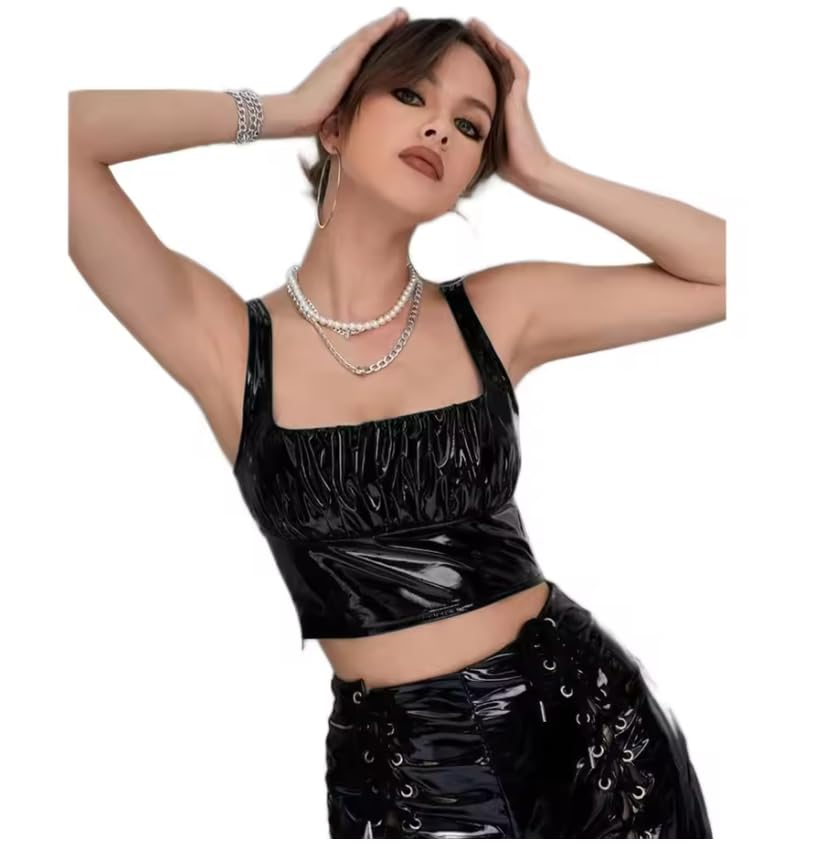 Bodycon krótkie topy kwadratowe fałdy dekolt PCW skórzane podkoszulki nocne bar pub gotyckie damskie topy odzież klubowa personalizacja