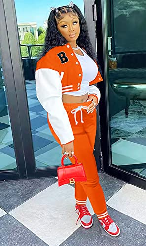 Fooullaide Womens 2 Piece Outfits Varsity Jacket Set Letter B Crop Tops Baseball Jacket Sweatsuit Jogging Sweatpants Tracksuits #TOP2