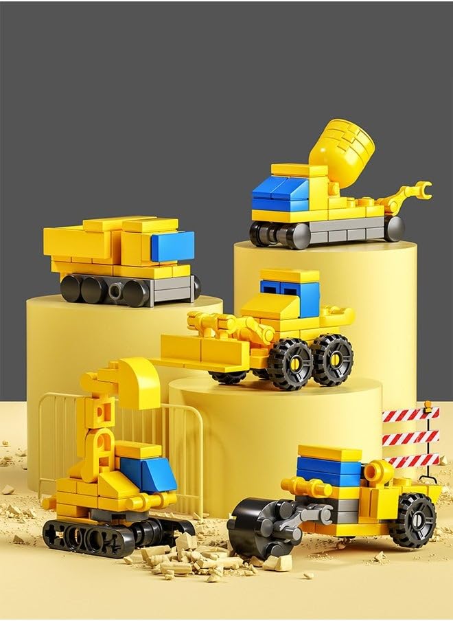 Assembled mini construction vehicle models from Chocozone building blocks, including an excavator, dump truck, and roller.