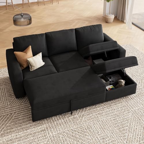 Image of HONBAY Modular Sectional Sleeper Sofa with Pull Out Bed, L Shaped Couch with Storage Seat, Modular Sectional Couches for Living Room - Black