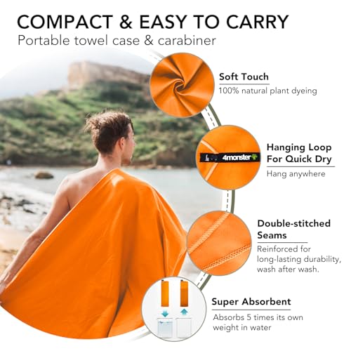 Image of 4Monster Camping Towels Super Absorbent, Fast Drying Microfiber Travel Towel, Quick Dry Ultra Soft Compact Gym Towel for Swimming Beach Hiking Yoga Travel Sports Backpack (59.00 inch x 30.00 inch, Orange)