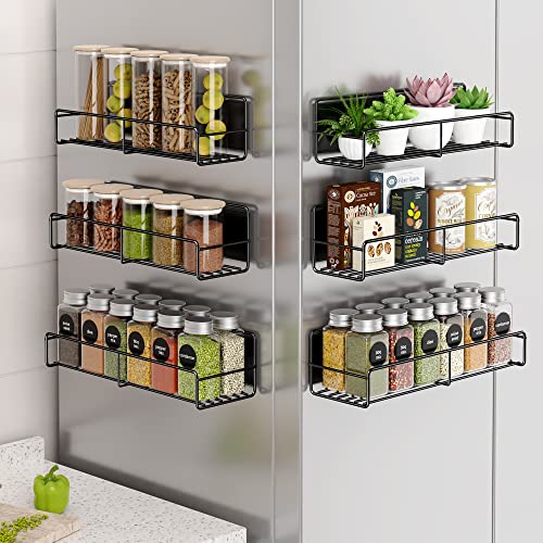 Image of 6 Pack Magnetic Spice Rack Organizer, Space Saver for Refrigerator and Whiteboard, Metal Fridge Shelf for Kitchen and Classroom, Black