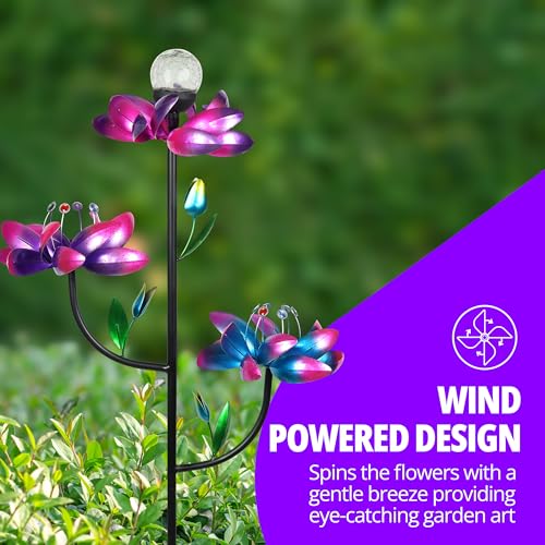Exhart Garden Solar Lights, Lotus Flower Wind Spinner Garden Stake with Color Changing LED Crackle Ball and 3 Flowers, Outdoor Garden and Yard Decor, 20.5 x 70 Inch