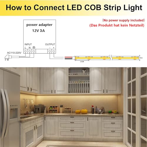 TOPAI 12V COB LED Streifen 5M 3000K Warmweiß IP65 Wasserdicht Sehr Hell 4000lm Dimmbar CRI90 480LED/M Selbstklebend Flexible Schneidbar für Schlafzimmer, Küche, Bad, Außenbereich (Ohne Netzteil)