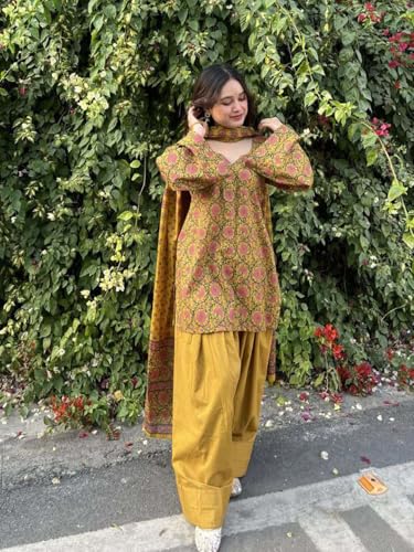 Image of ANNI Designer Farshi Salwar Suit for Women Cotton Printed | Kurta Dupatta Set for Woman | Straight Palazzo Outfit Round Neck V-Slit Long Sleeve Ethnic Dress Stylish Womens Clothing