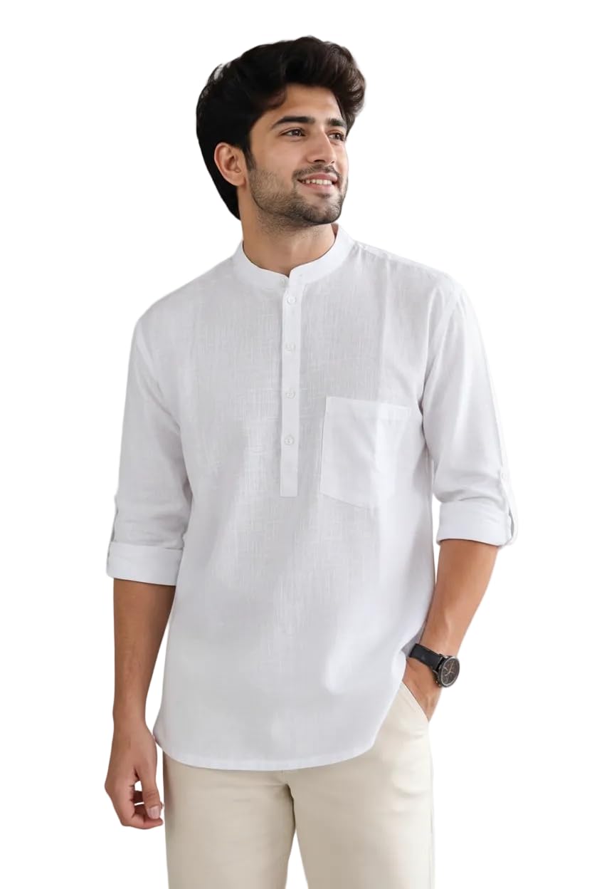 Men's White Linen Half-Button Kurta Shirt with Chest Pocket-picture-48
