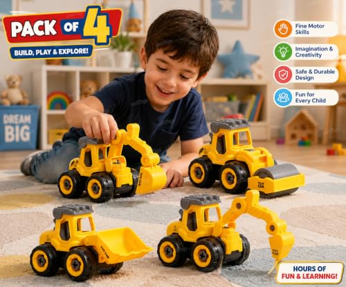 Image of Zest 4 Toyz Construction Vehicle Toy Set for Kids | 4 Pcs Engineering Truck Toys Excavator Bulldozer Road Roller Loader STEM Educational Toy Push and Go Construction Toys for Boys Girls