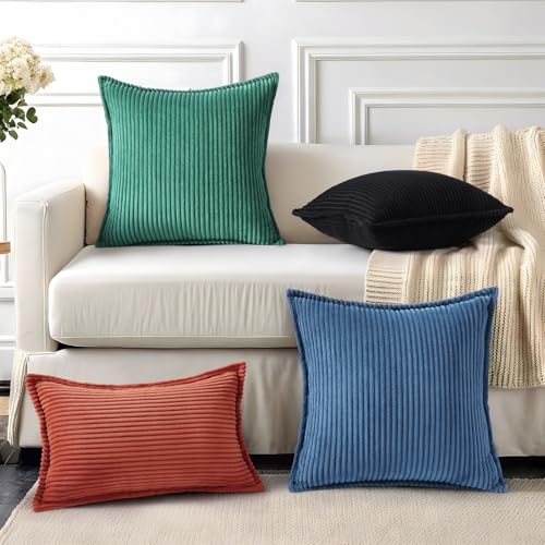 Mecatny Corduroy Throw Pillow Covers 20x20 Set of 2, Neutral Decorative Soft Boho Couch Pillow Covers with Broadside for Sofa Living Room, Black