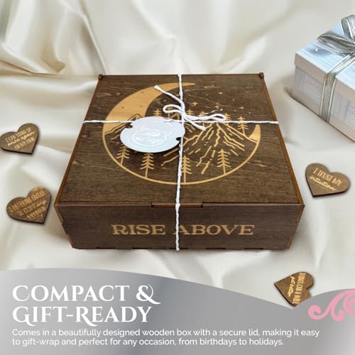Image of Positive Affirmations Box | Mountain Themed Engraved Wood Box with 72 Positive Affirmation Heart Cutouts | Daily Motivational Gift for Women