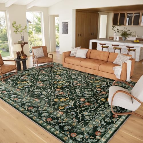 Image of Vintage Botanical Dark Green Area Rug 9x12 Elegant Floral Pattern, Durable Stain-Resistant Fabric, Perfect for Living Room, Bedroom, Dining Room Decor