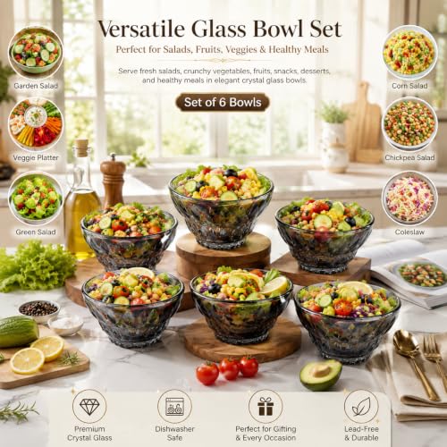 Image of WRINGO Glass Bowls for Kitchen Prep, Dessert, Dips, and Candy Dishes, Cake, Snack Bowl Set of 6 Or Nut Bowl, and Microwave Safe Clear Glass Bowls for Mixing, Storing Size 5 Inch (Set of 6, WD-10)