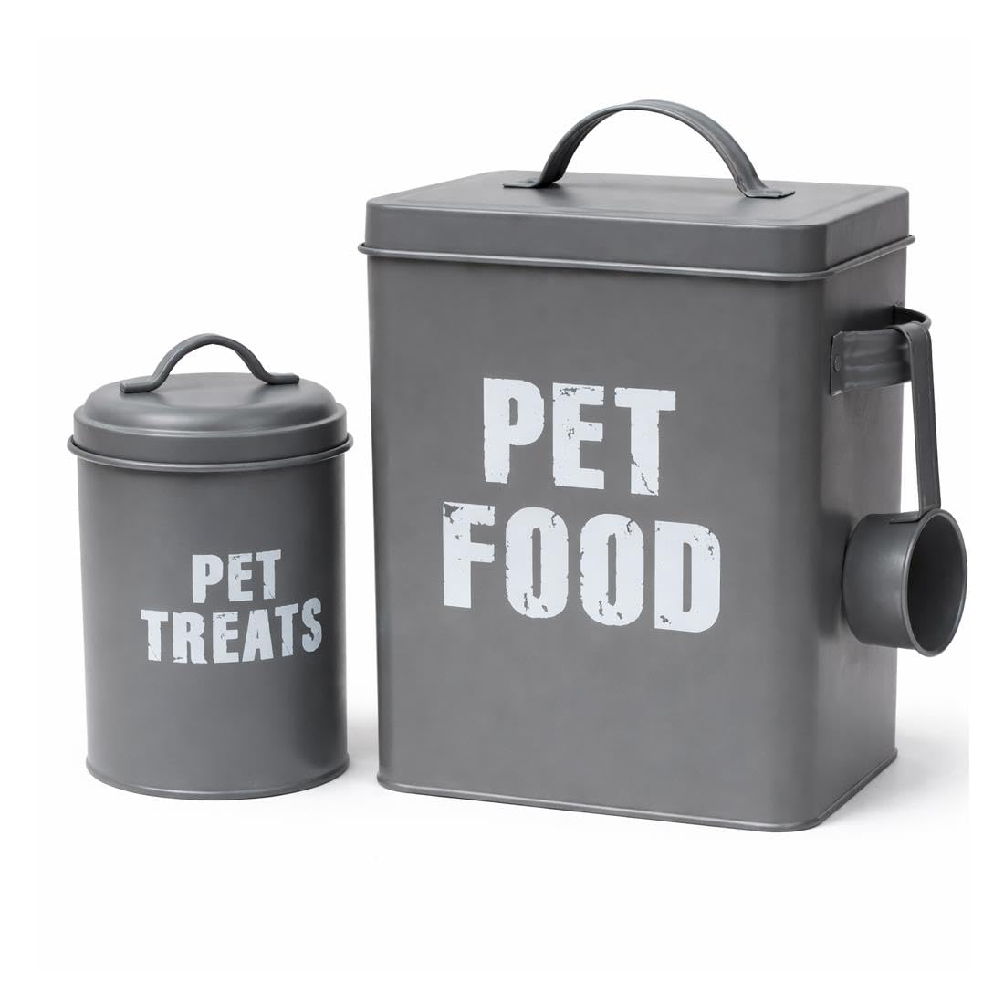 simpa Retro Vintage Style Metal Pet Food Storage Set – 3PC Matt Grey Dog & Pet Food Tin, Treats Tin & Scoop