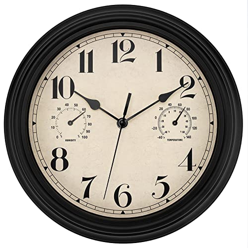 Foxtop Horloge Murale Extérieure Étanche avec Thermomètre & Hygromètre - Design Vintage Silencieux sans Tic-Tac 30 cm Décoration Jardin, Salle de Bain,...