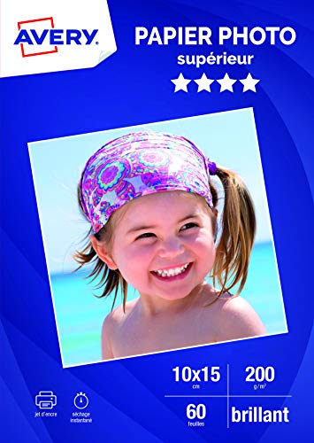 AVERY - 60 feuilles de papier photo 200g/m² brillant, Format 10 x 15 cm, Impression jet d'encre,