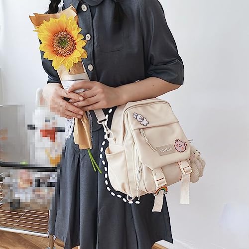 AlmondJoy Mini Backpack Aesthetic Backpack Cute Canvas Backpack Casual Travel Daypacks Solid Color (Bag Badge Bear,White)2