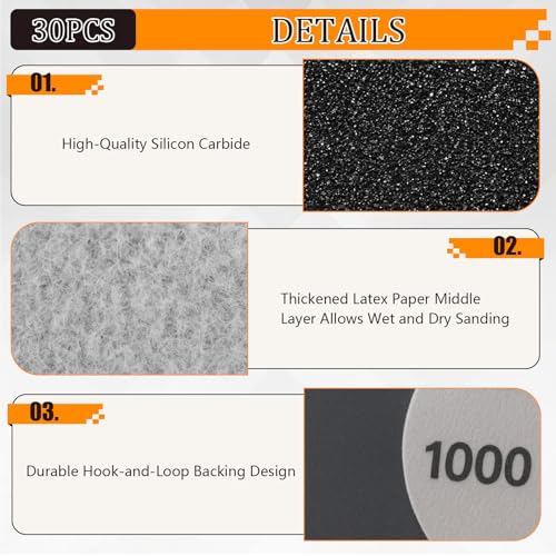 EUYKQNOI 30 Piezas Papel de Lija al Agua 75mm (3") Grano 1000-5000, Discos Abrasivos para Pulir Faros de Coche, Madera y Metal, Kit Lijas Profesional para Uso Húmedo y Seco - imagen 3