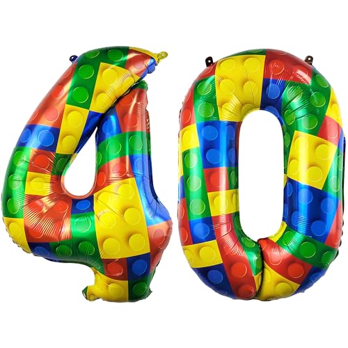 Image of 32 Inch Building Block Number 40 Balloons birthday Block Themed Large Big Helium Foil Mylar Balloon for Girls Boys Birthday Party Decoration Supplies