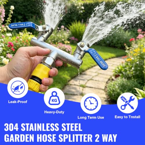 Image of 2 Way Garden Hose Splitter, Stainless Steel, Heavy Duty 304 Stainless Steel Full Flow T Valve with Long Handle, Lead-Free Rust & Freeze Resistant, 3 /4 inch GHT Thread Outdoor Water Hose Adapter